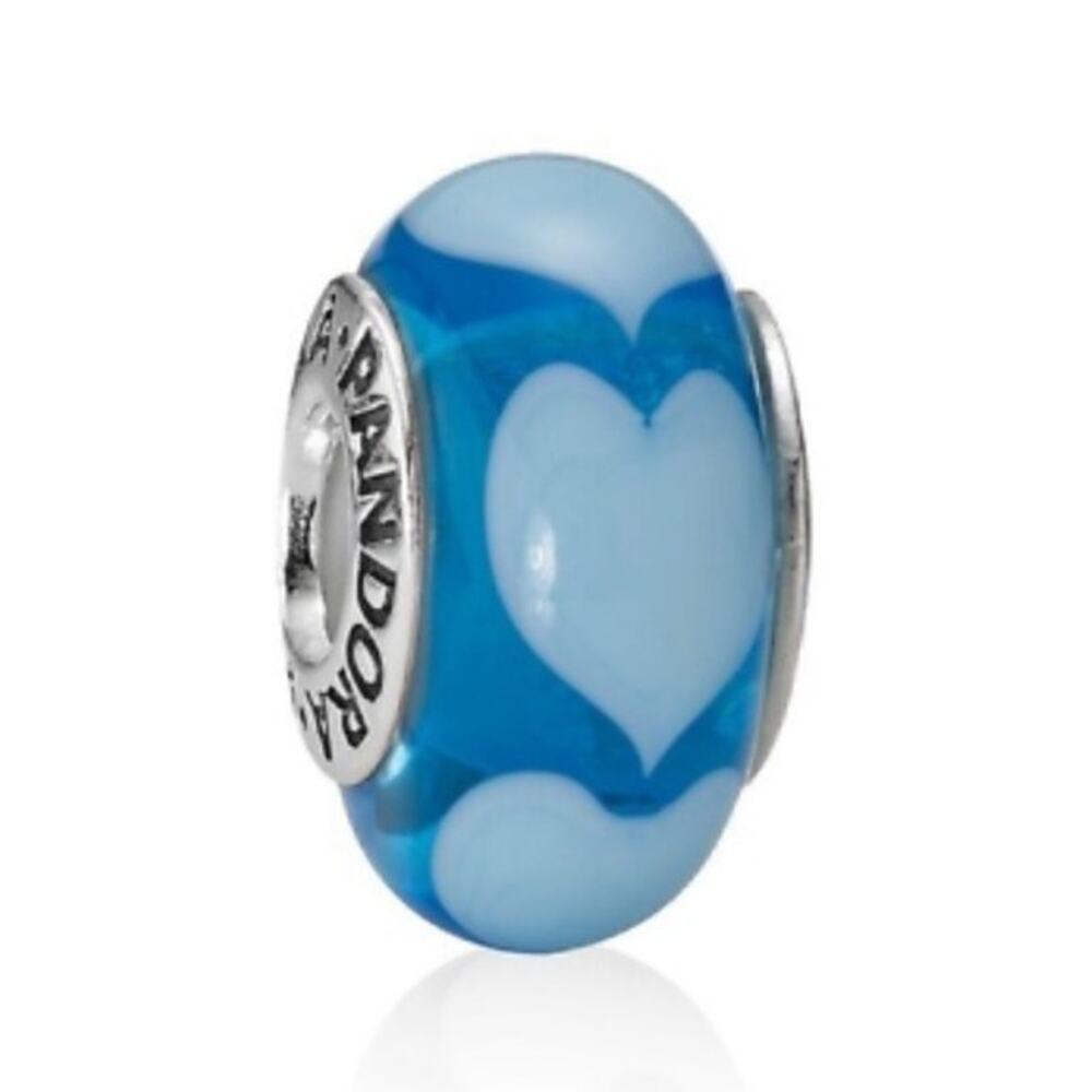 Pandora Sterling Silver Blue Love White Hearts Murano Glass Charm Pendant